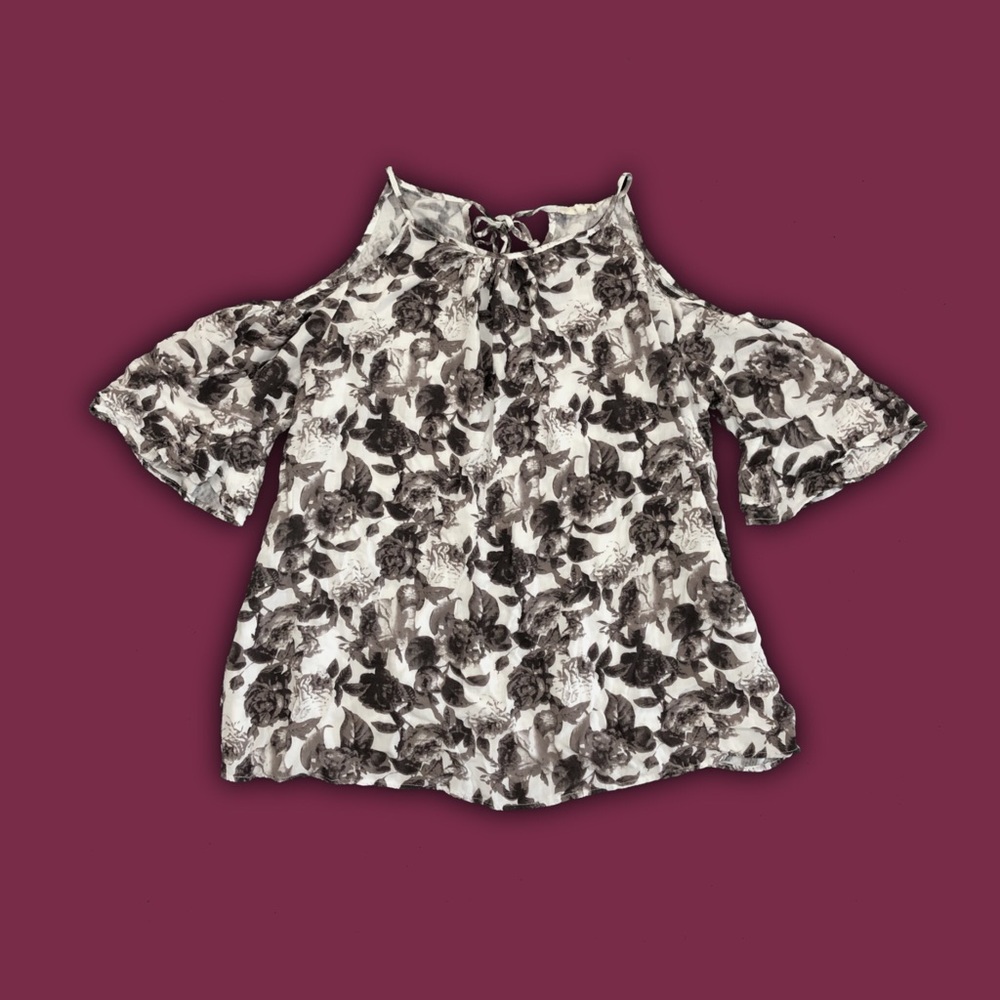 Rose Print Cold Shoulder Bell Sleeve Top